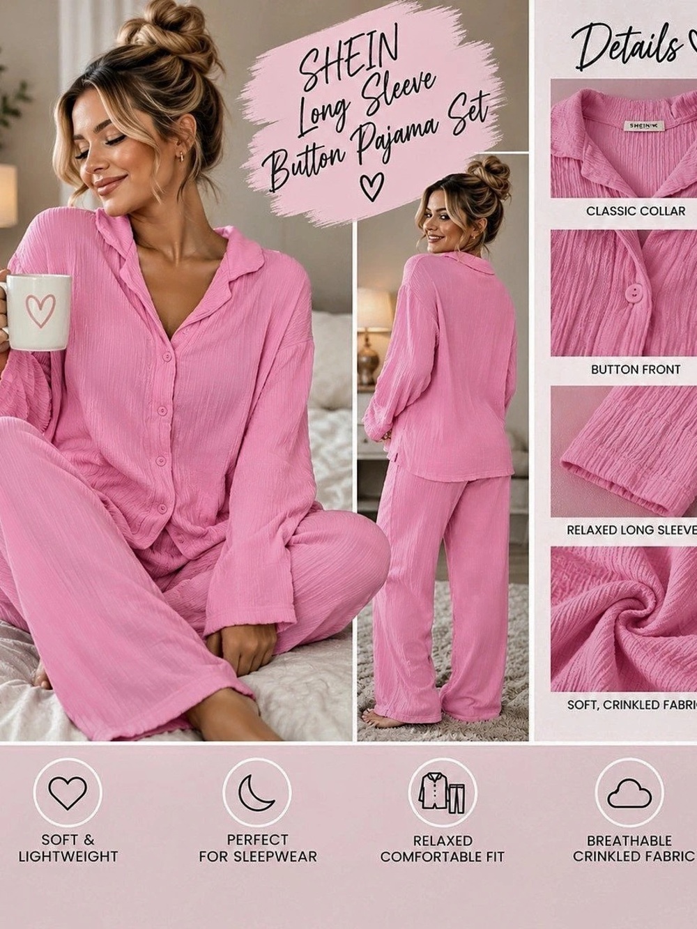 SHEIN Long Sleeve Button Pajama Set Pink Button-Front Pajama Set Like New